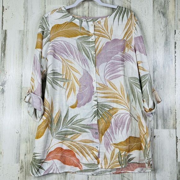Tahari Tops - Tahari Linen Shirt Womens 1X Floral Leaves Print Long Roll Sleeve w Button Front